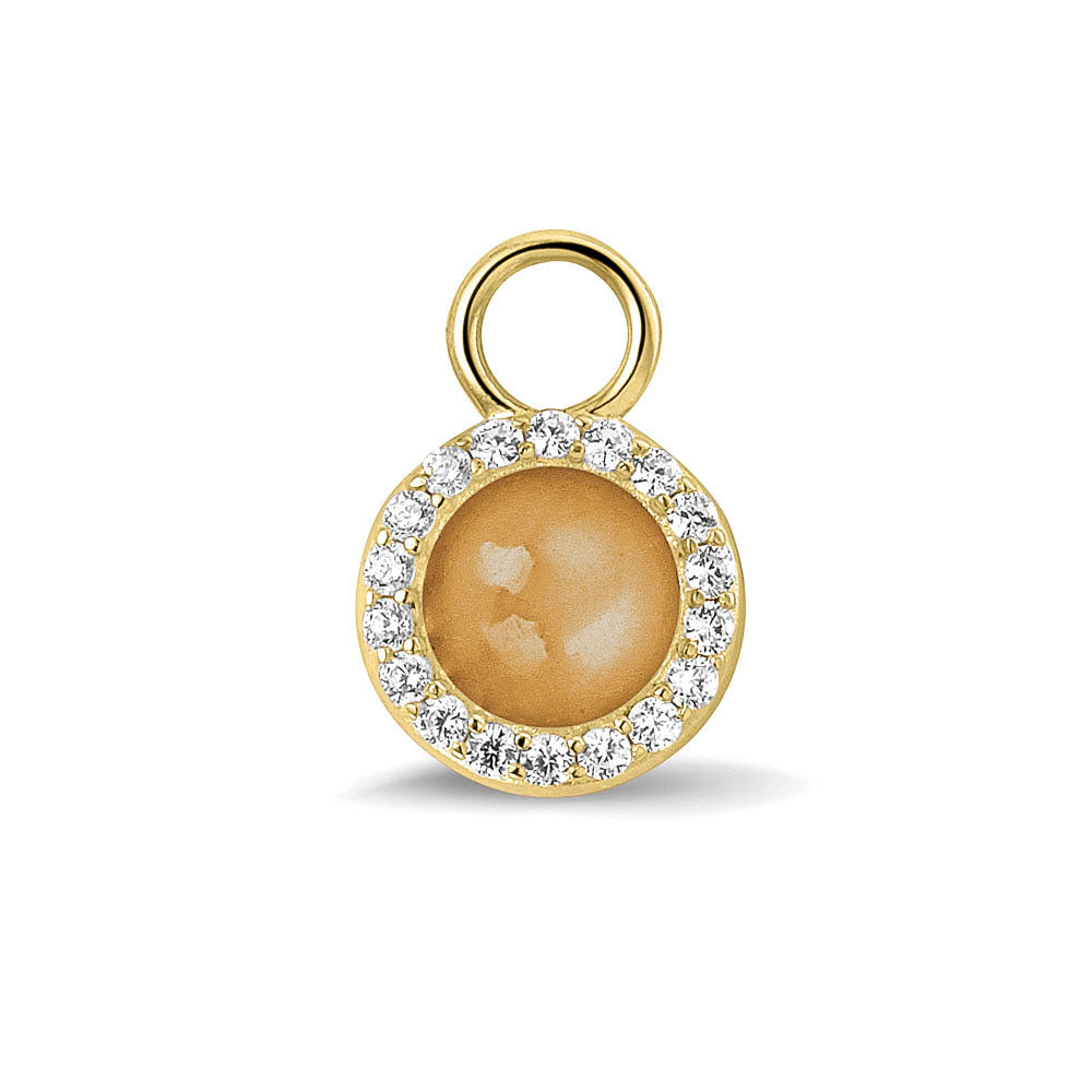 Oorhangers 17 mm lang, rondom afgewerkt met zirkonia's, aan de voorzijde zichtbaar gevuld met as of haar. gold. 