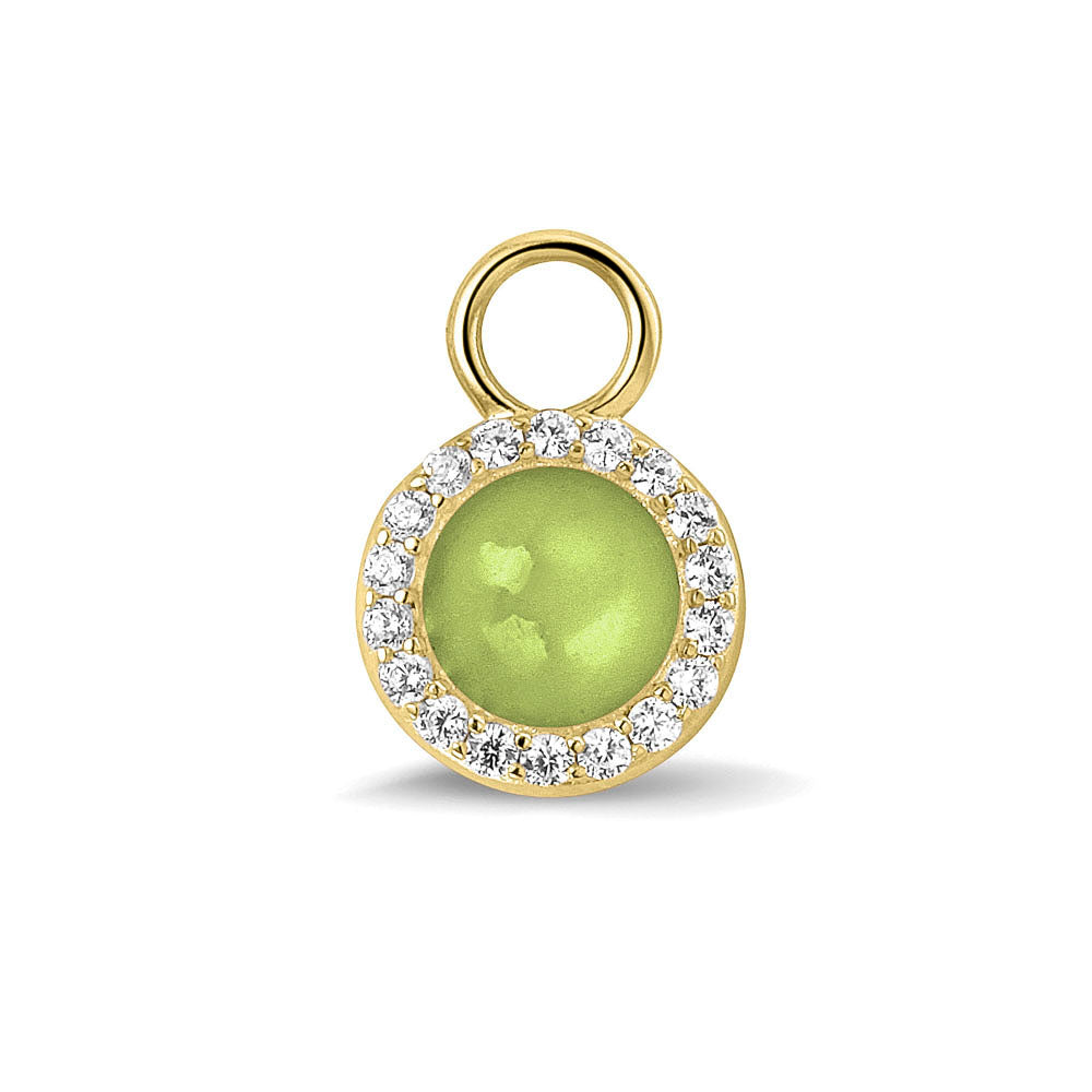 Oorhangers 17 mm lang, rondom afgewerkt met zirkonia's, aan de voorzijde zichtbaar gevuld met as of haar. green. 