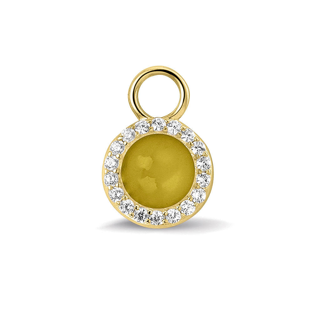 Oorhangers 17 mm lang, rondom afgewerkt met zirkonia's, aan de voorzijde zichtbaar gevuld met as of haar. yellow. 