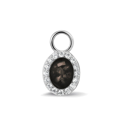 Ovaal gevormde oorhangers, 18 mm lang rondom afgewerkt met zirkonia's, aan de voorzijde zichtbaar gevuld met as of haar. black.