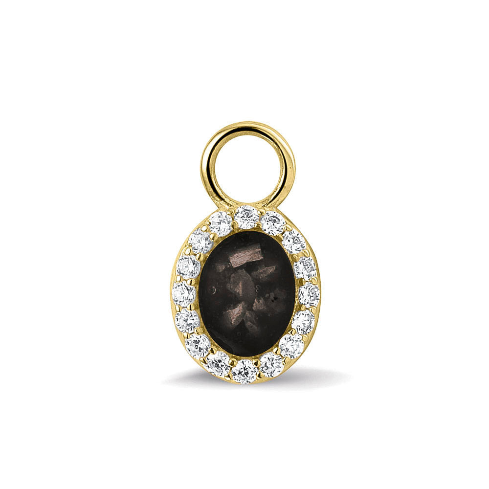 Ovaal gevormde oorhangers, 18 mm lang rondom afgewerkt met zirkonia's, aan de voorzijde zichtbaar gevuld met as of haar. black.