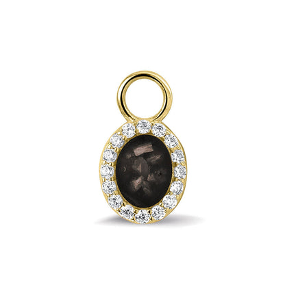 Ovaal gevormde oorhangers, 18 mm lang rondom afgewerkt met zirkonia's, aan de voorzijde zichtbaar gevuld met as of haar. black.