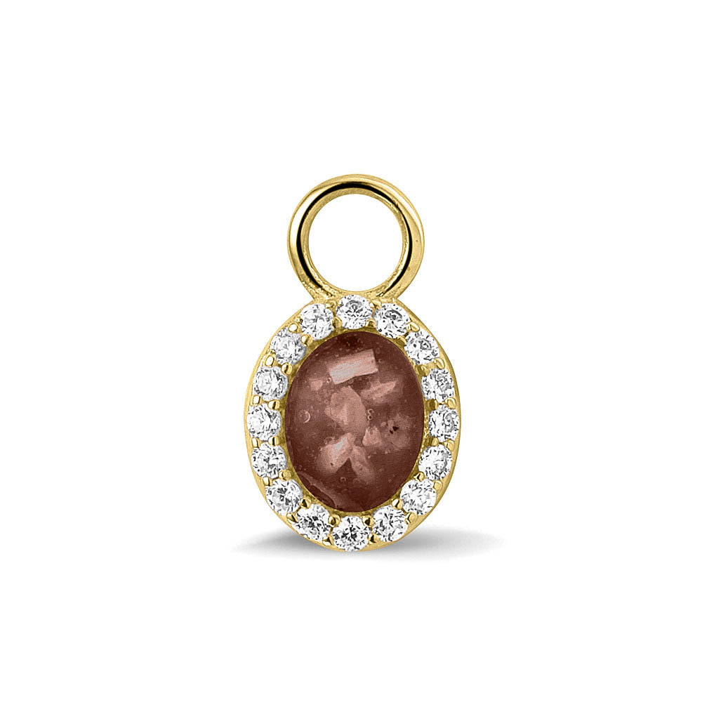 Ovaal gevormde oorhangers, 18 mm lang rondom afgewerkt met zirkonia's, aan de voorzijde zichtbaar gevuld met as of haar. brown.