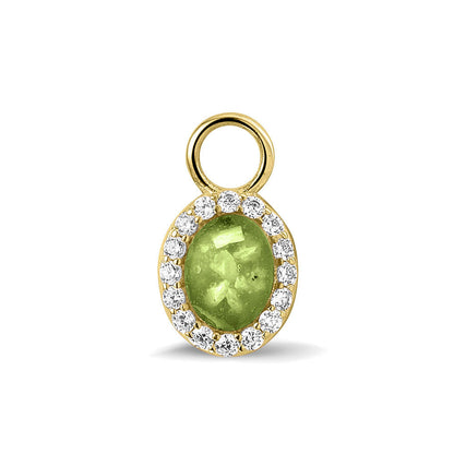 Ovaal gevormde oorhangers, 18 mm lang rondom afgewerkt met zirkonia's, aan de voorzijde zichtbaar gevuld met as of haar. Green