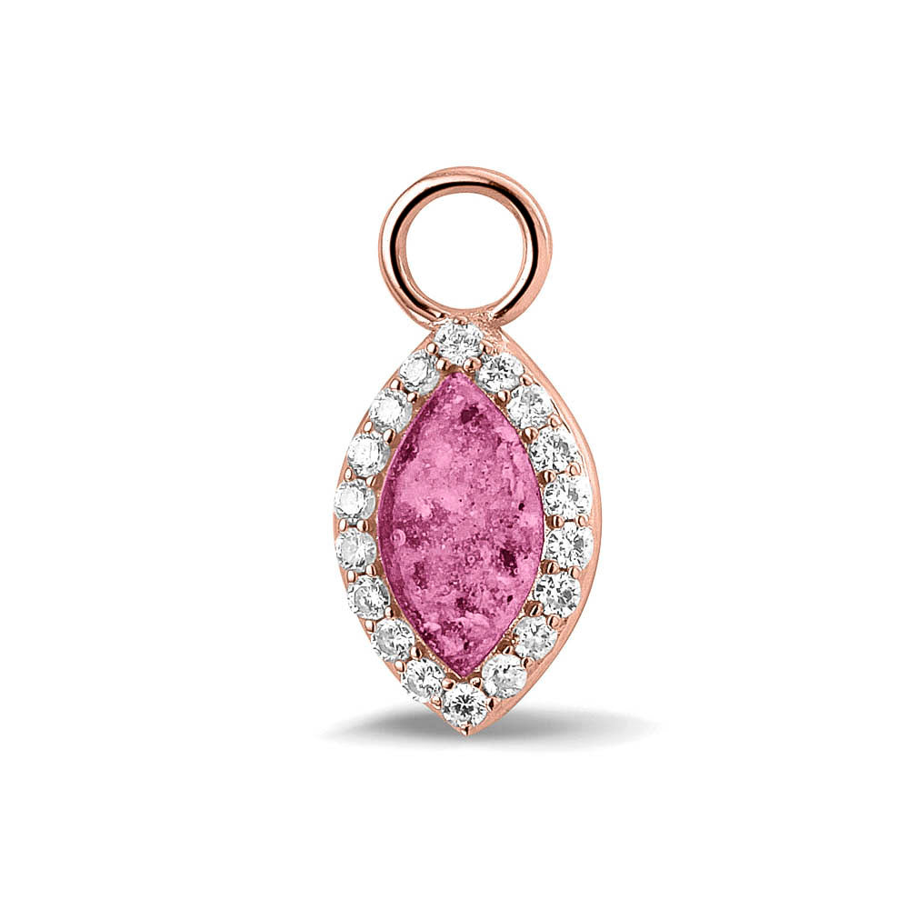 Oorhangers 21 mm lang,rondom afgewerkt met zirkonia's  aan de voorzijde zichtbaar gevuld met as of haar. Fluo