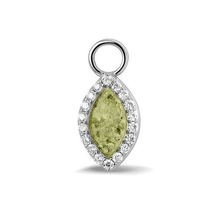 Oorhangers 21 mm lang,rondom afgewerkt met zirkonia's  aan de voorzijde zichtbaar gevuld met as of haar. Olive