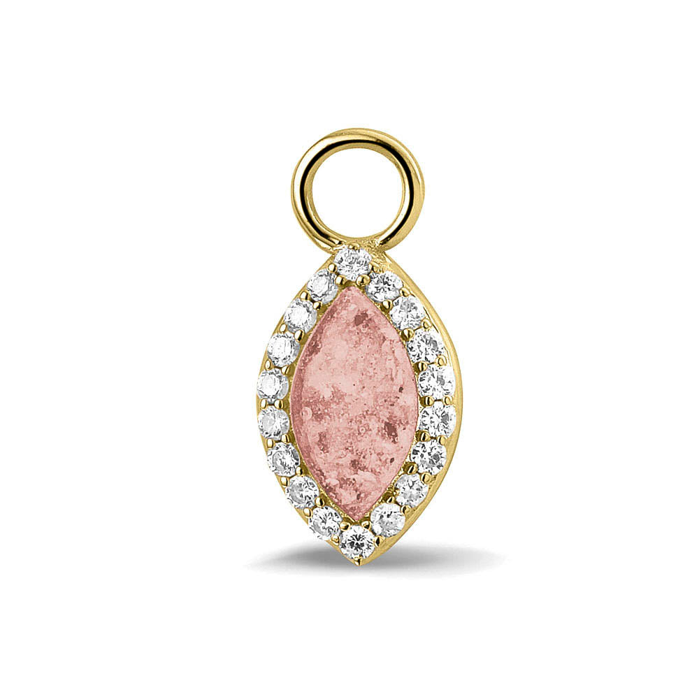 Oorhangers 21 mm lang,rondom afgewerkt met zirkonia's  aan de voorzijde zichtbaar gevuld met as of haar. Blush