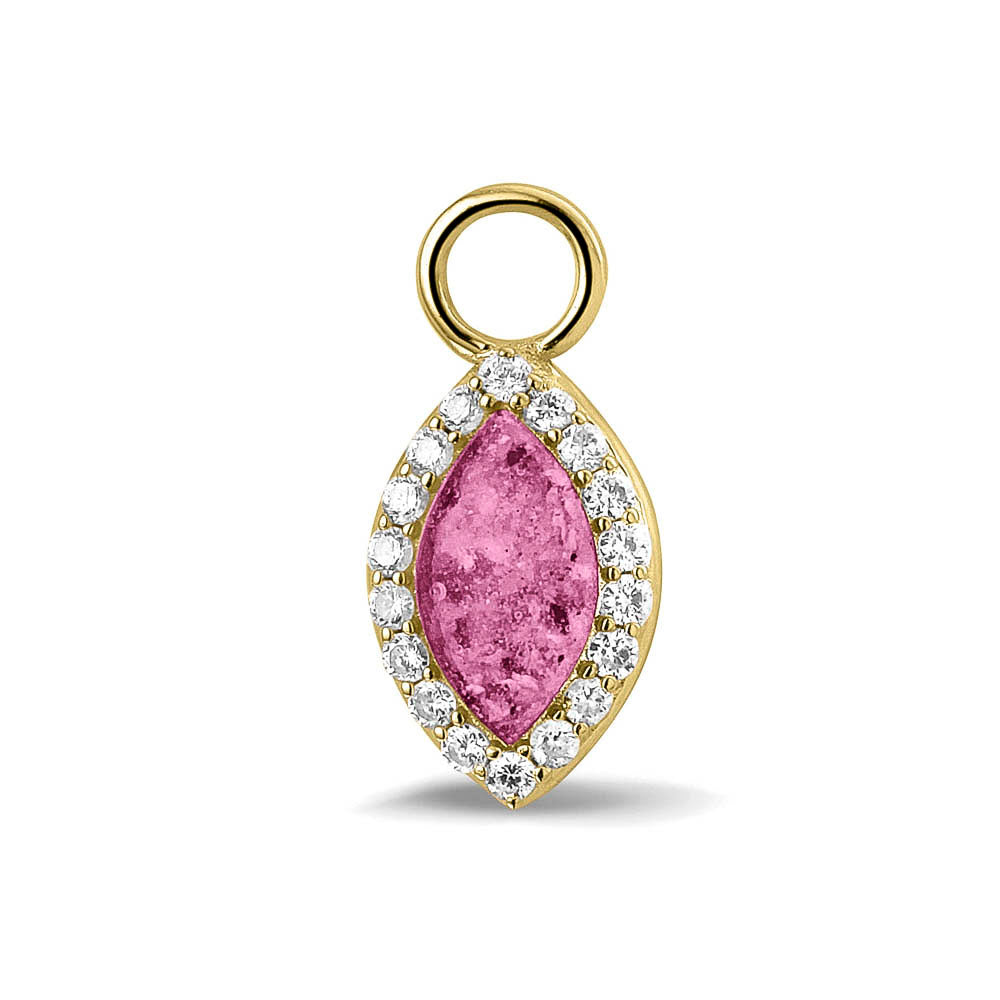 Oorhangers 21 mm lang,rondom afgewerkt met zirkonia's  aan de voorzijde zichtbaar gevuld met as of haar. Fluo