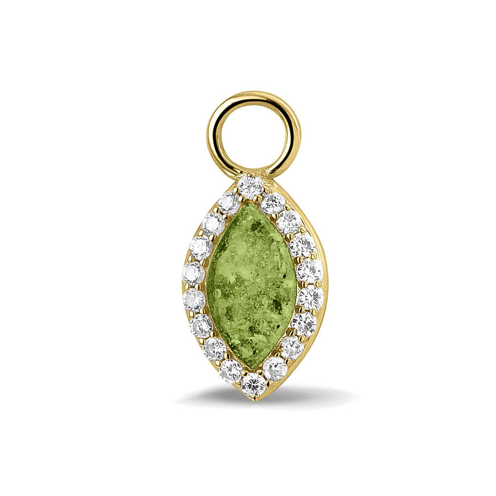 Oorhangers 21 mm lang,rondom afgewerkt met zirkonia's  aan de voorzijde zichtbaar gevuld met as of haar. Green