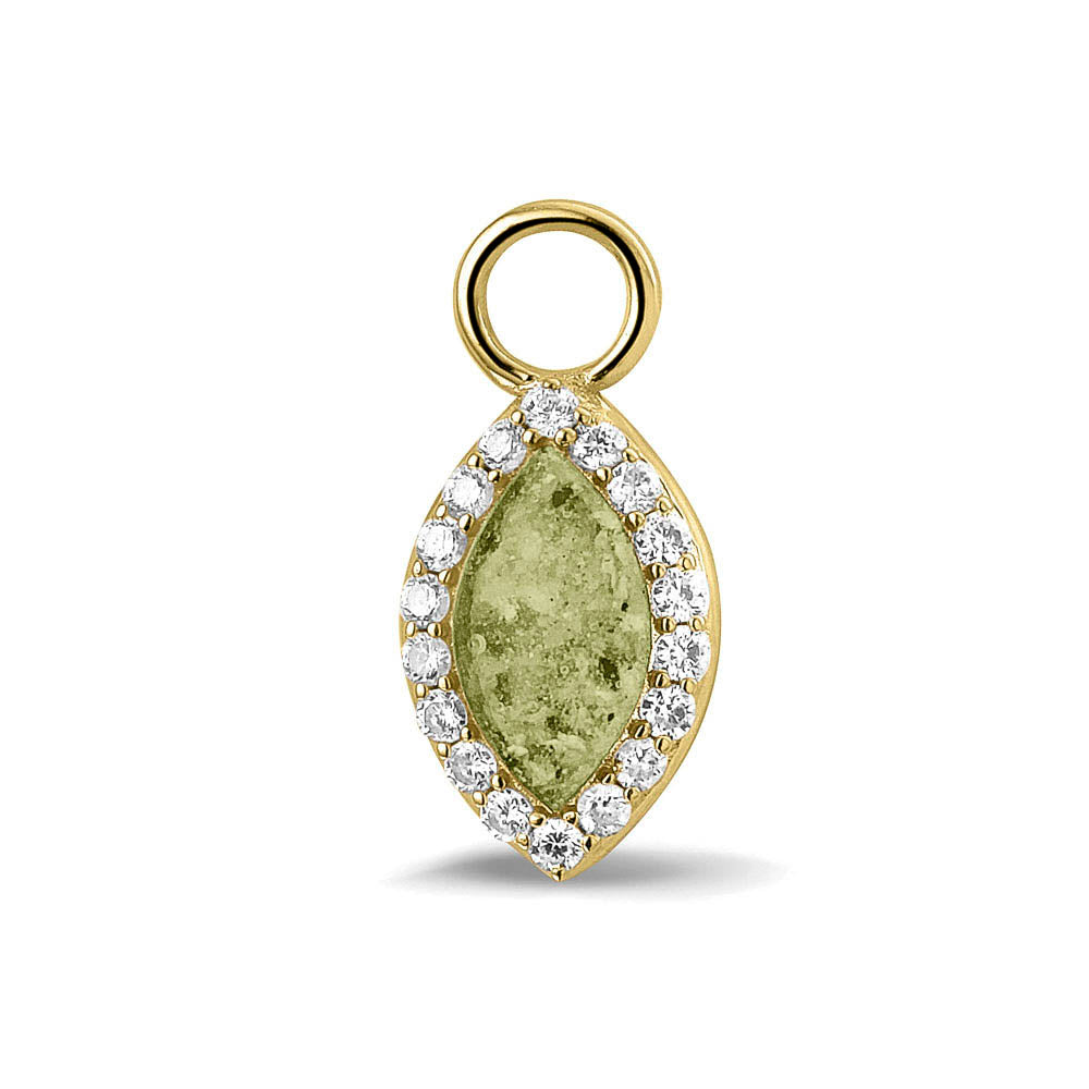 Oorhangers 21 mm lang,rondom afgewerkt met zirkonia's  aan de voorzijde zichtbaar gevuld met as of haar. Olive