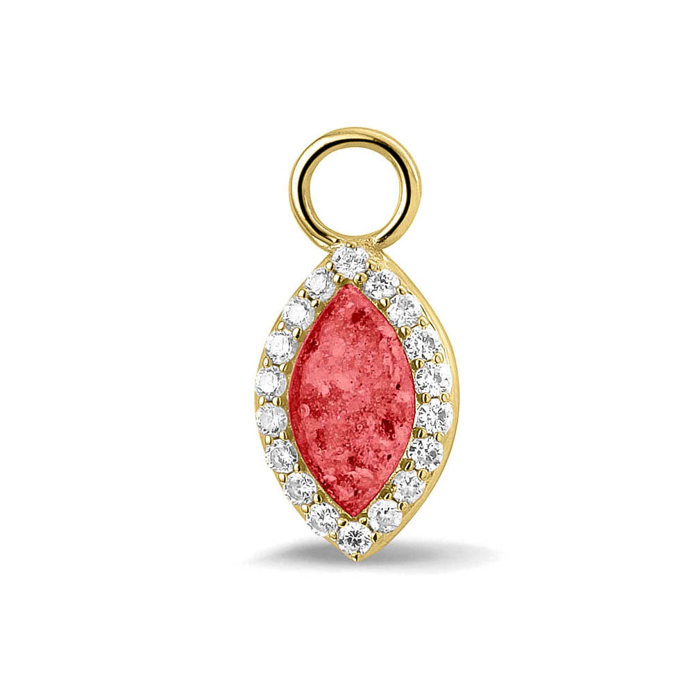 Oorhangers 21 mm lang,rondom afgewerkt met zirkonia's  aan de voorzijde zichtbaar gevuld met as of haar. Red