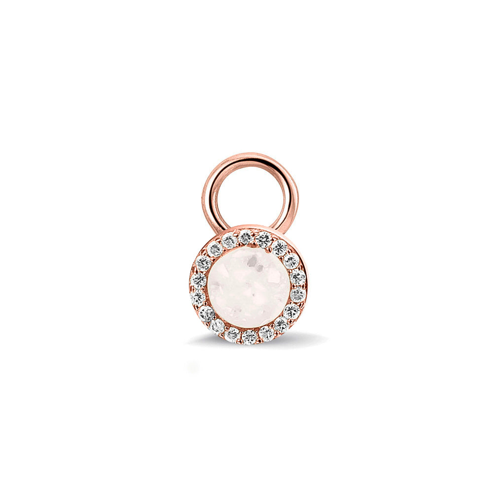 Oorhangers 8 mm diameter, rondom afgewerkt met zirkonia's, aan de voorzijde zichtbaar gevuld met as of haar. White. 