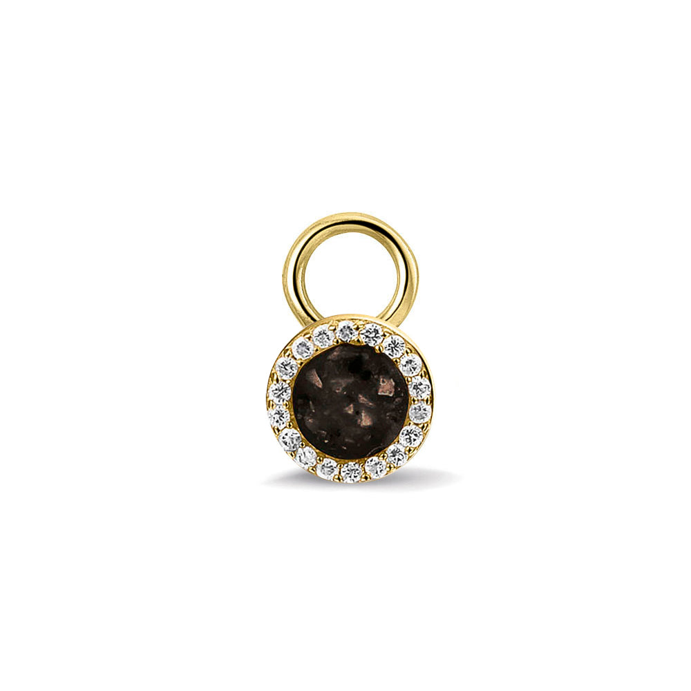 Oorhangers 8 mm diameter, rondom afgewerkt met zirkonia's, aan de voorzijde zichtbaar gevuld met as of haar. Black