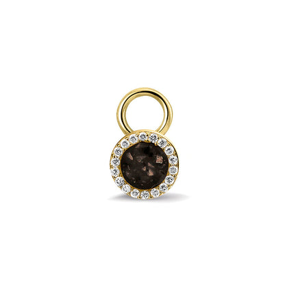 Oorhangers 8 mm diameter, rondom afgewerkt met zirkonia's, aan de voorzijde zichtbaar gevuld met as of haar. Black