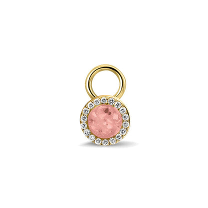 Oorhangers 8 mm diameter, rondom afgewerkt met zirkonia's, aan de voorzijde zichtbaar gevuld met as of haar. Blush