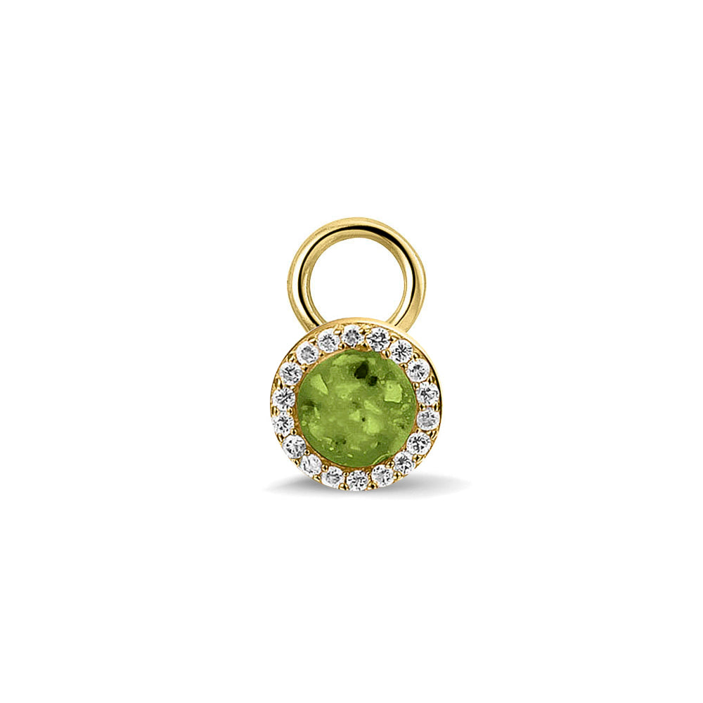 Oorhangers 8 mm diameter, rondom afgewerkt met zirkonia's, aan de voorzijde zichtbaar gevuld met as of haar. Green