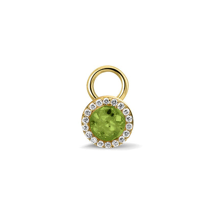 Oorhangers 8 mm diameter, rondom afgewerkt met zirkonia's, aan de voorzijde zichtbaar gevuld met as of haar. Green
