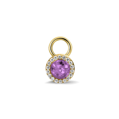 Oorhangers 8 mm diameter, rondom afgewerkt met zirkonia's, aan de voorzijde zichtbaar gevuld met as of haar. Purple