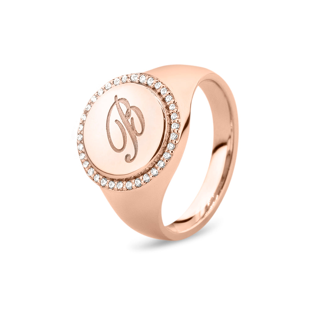  Zegelring roségoud voorzien van een gravure, rondom afgewerkt met zirkonia's. roségoud