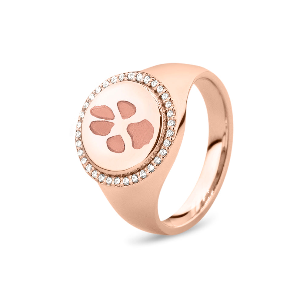  Zegelring roségoud voorzien van een gravure, rondom afgewerkt met zirkonia's. roségoud