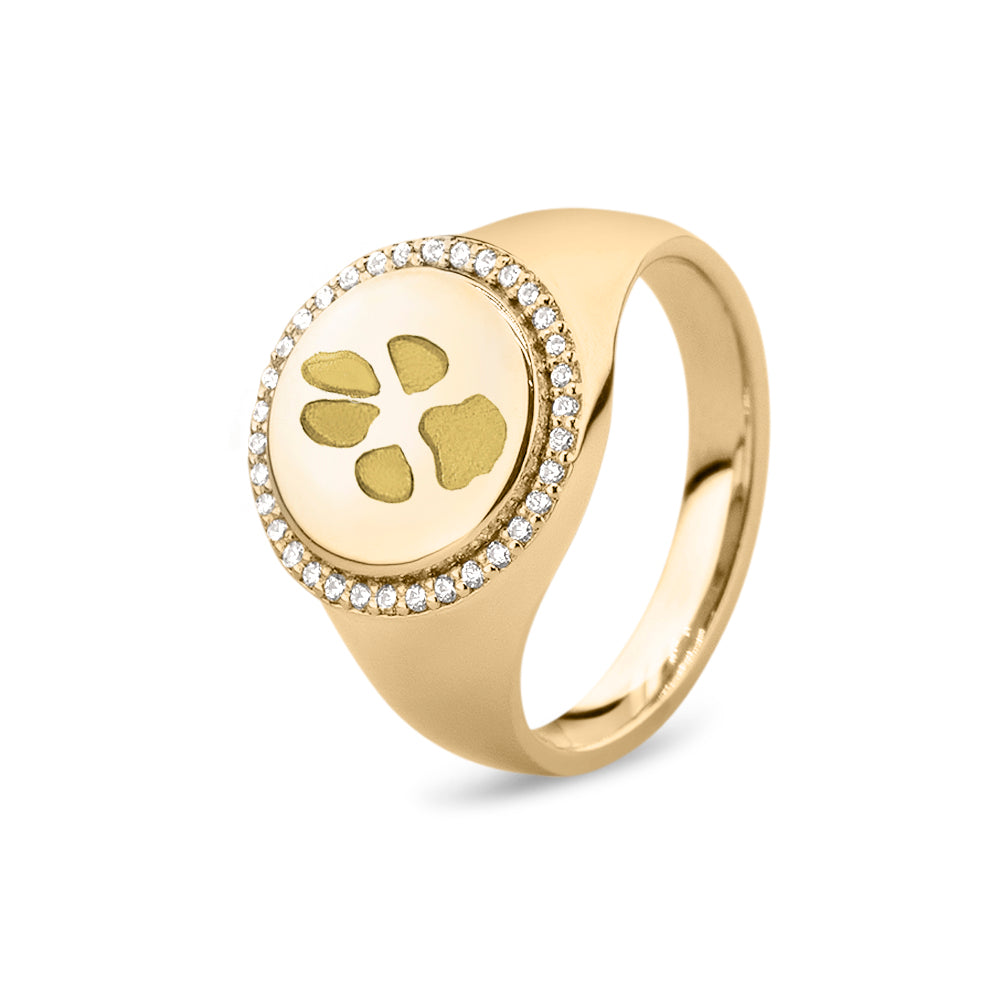  Zegelring geelgoud voorzien van een gravure, rondom afgewerkt met zirkonia's. geelgoud