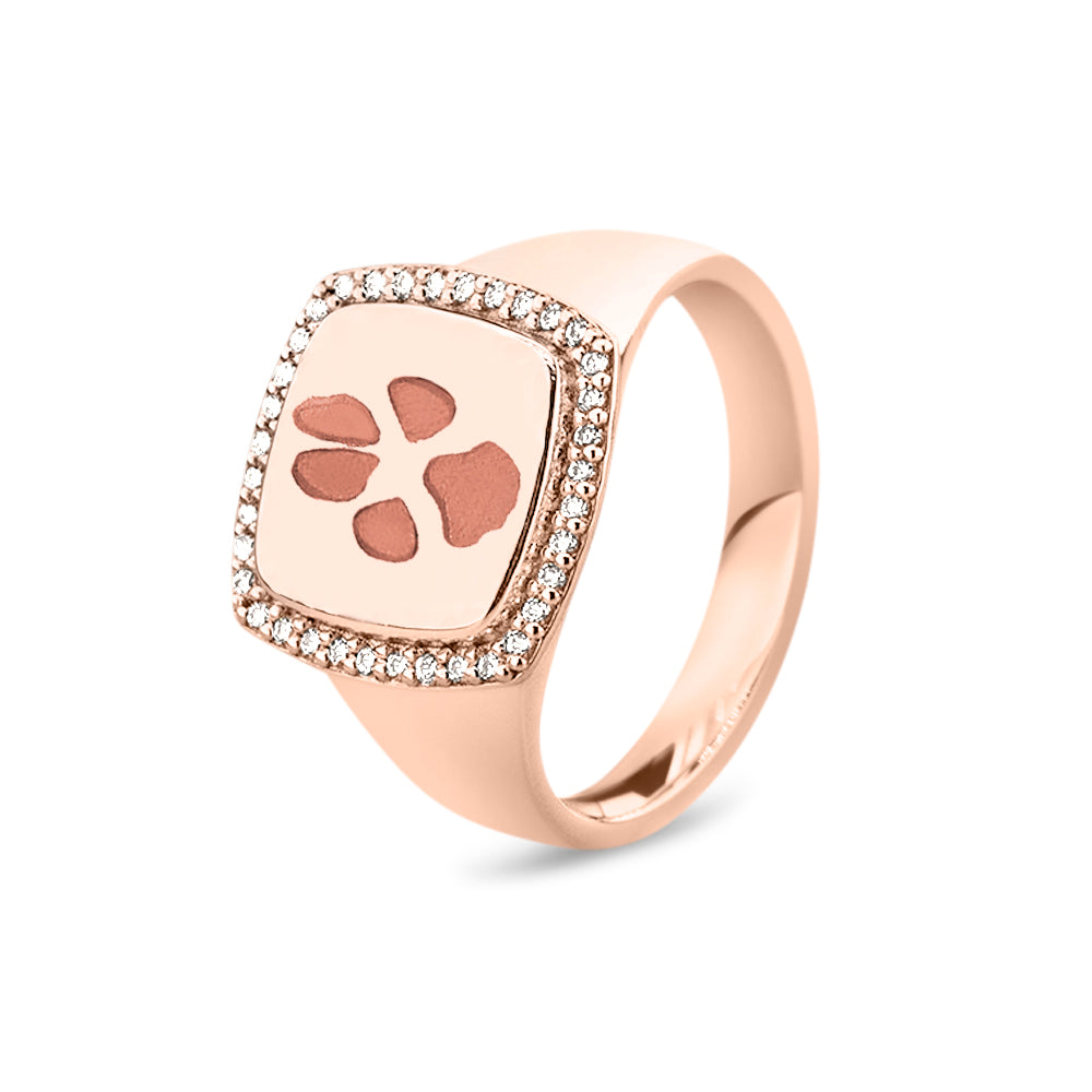 Zegelring roségoud voorzien van een gravure, rondom afgewerkt met zirkonia's. roségoud
