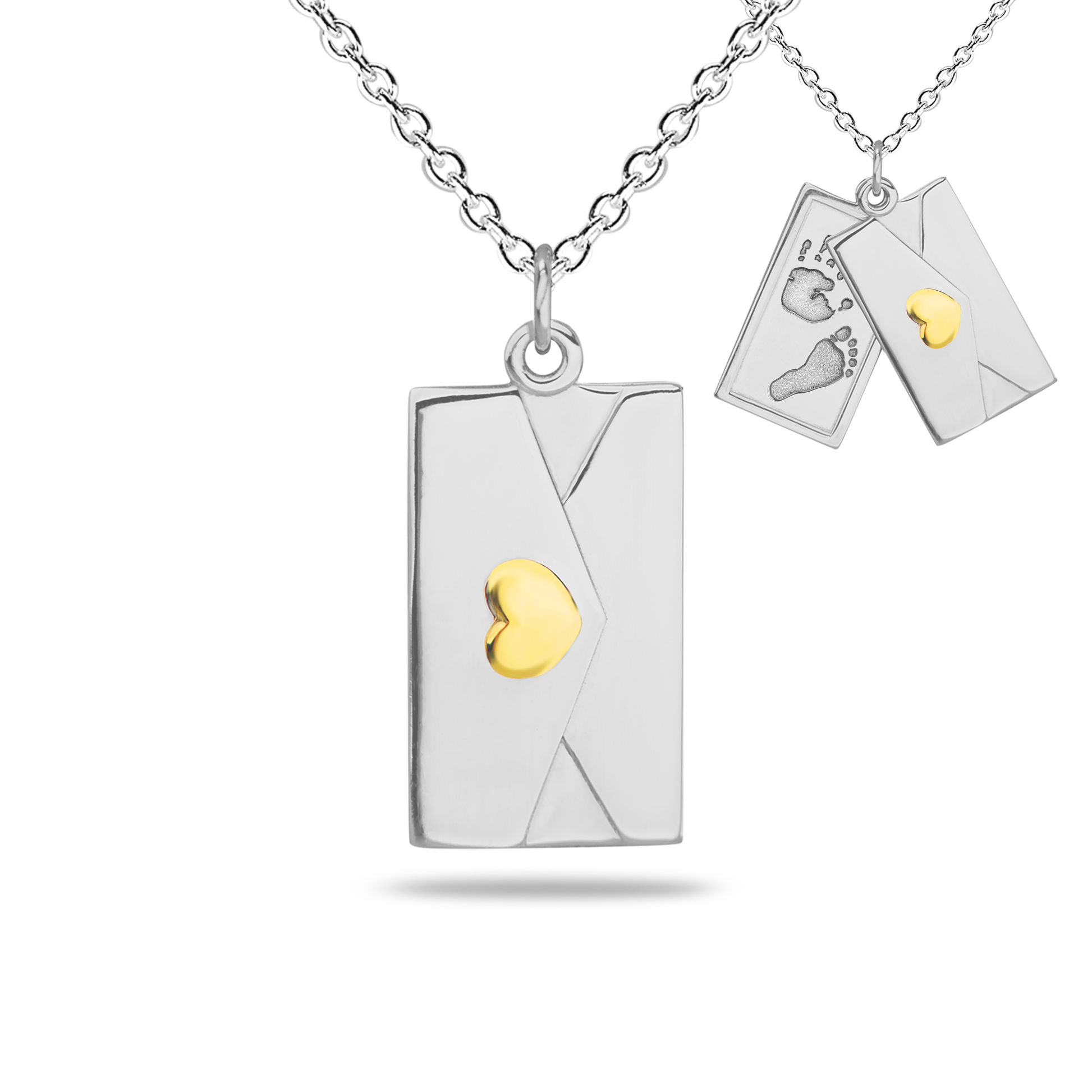 Envelop hanger inclusief collier uit de collectie gedenksieraden met gravure. Geelgoud