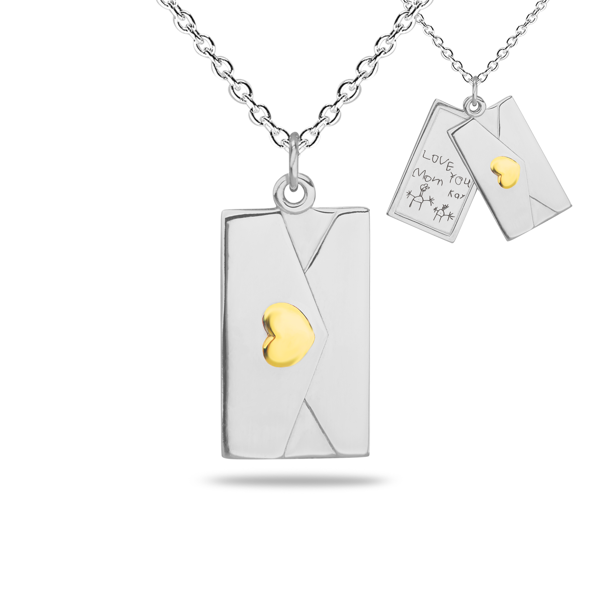 Envelop hanger inclusief collier uit de collectie gedenksieraden met gravure. Geelgoud