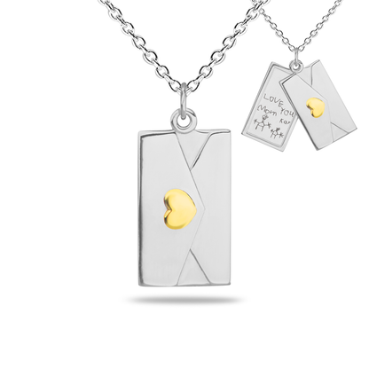 Envelop hanger inclusief collier uit de collectie gedenksieraden met gravure. Geelgoud