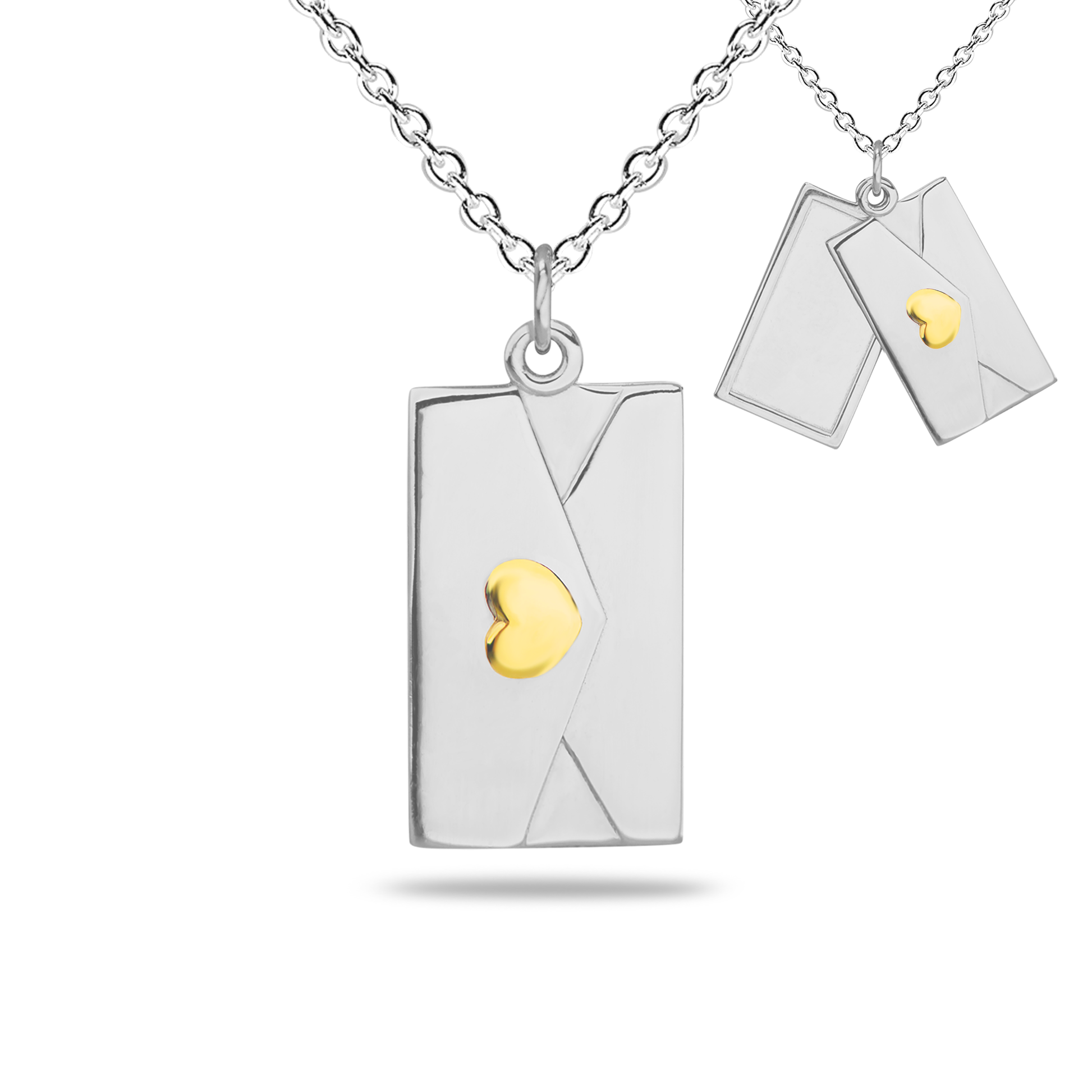 Envelop hanger inclusief collier uit de collectie gedenksieraden met gravure. Geelgoud