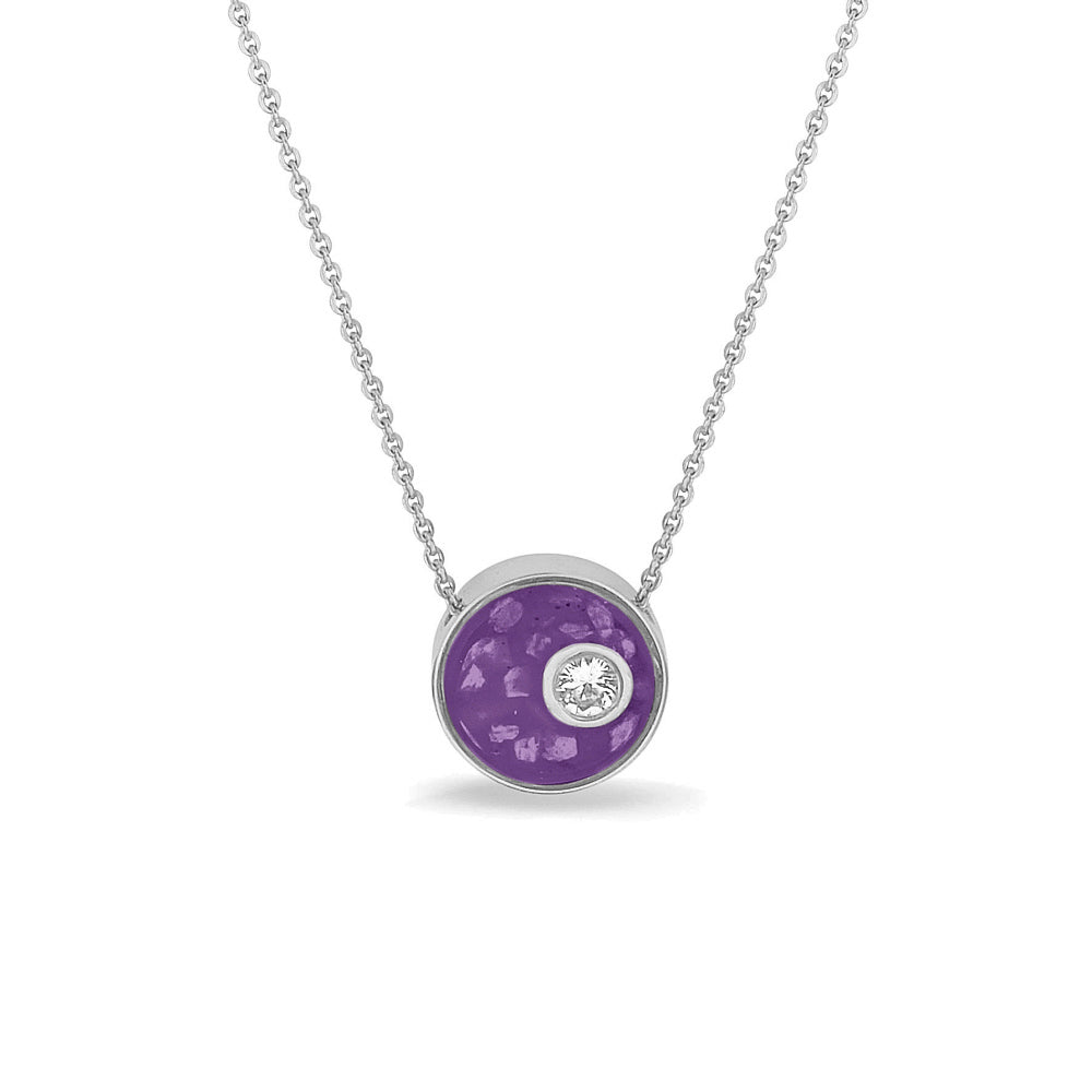 Ashanger rond, gedenksieraad, waar as en haar in verwerkt wordt. Purple