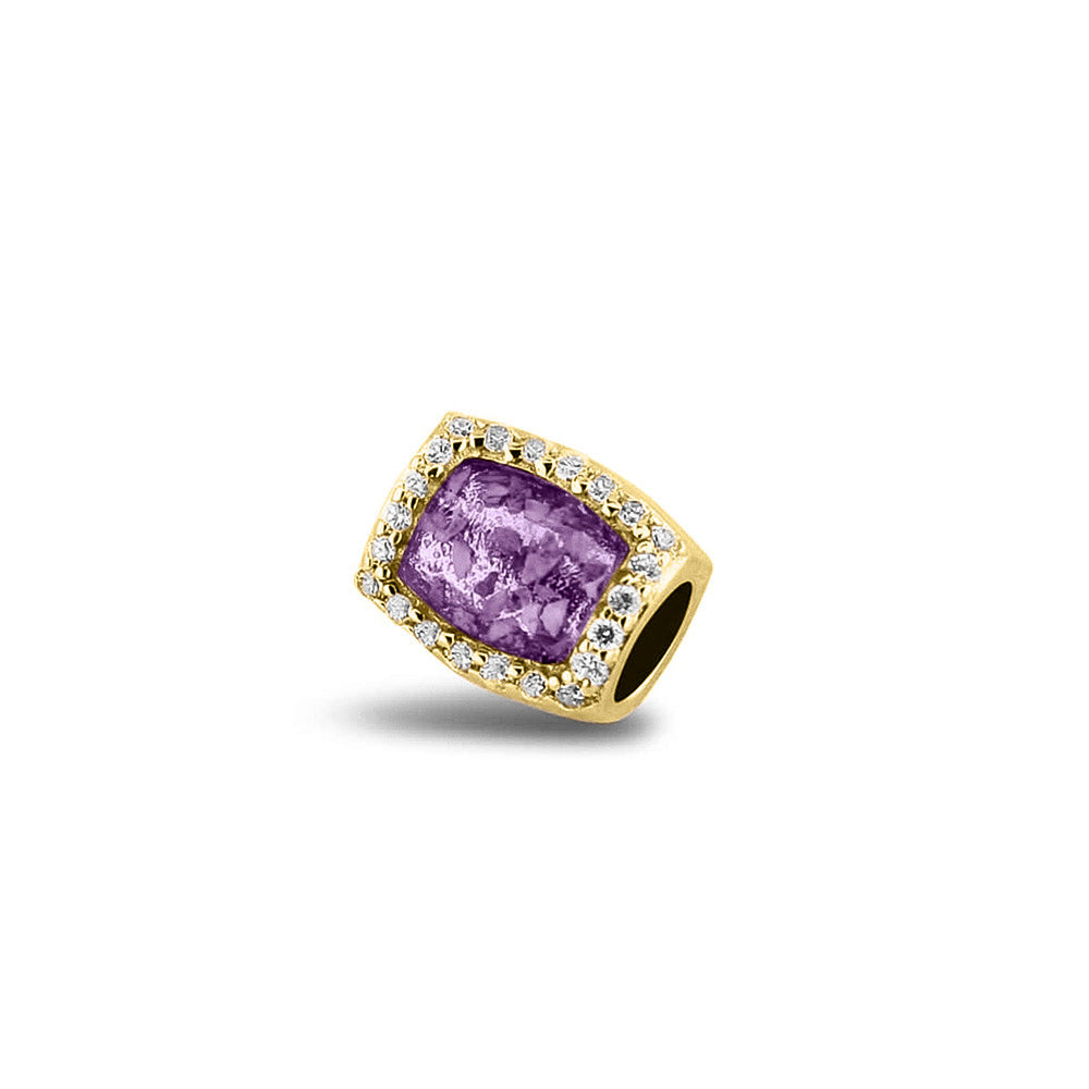 Asbedel rondom afgewerkt met zirkonia's die aan beide zijdes in twee compartimenten zichtbaar gevuld wordt met as of haar. Purple