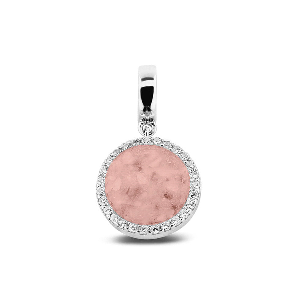 Asbedel, subtiel design rondom afgewerkt met zirkonia's  die aan de voorzijde zichtbaar gevuld wordt met as of haar met een keuze in 20 kleuren. Blush