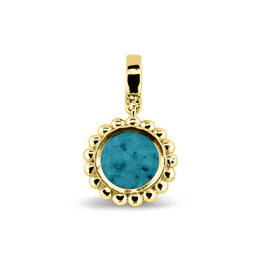 Asbedel die aan de voorzijde zichtbaar gevuld wordt met as of haar. Het vullen en sealen met een keuze in 20 kleuren, wordt in onze ambachtelijke edelsmederij gedaan. Turquoise