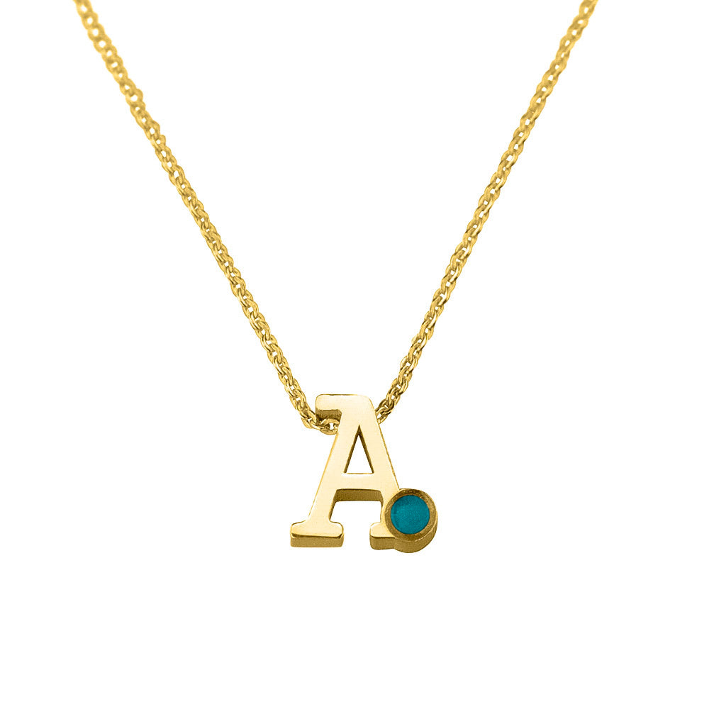 14 KT geelgouden initiaal/letter ashanger  inclusief collier/ketting. Turquoise
