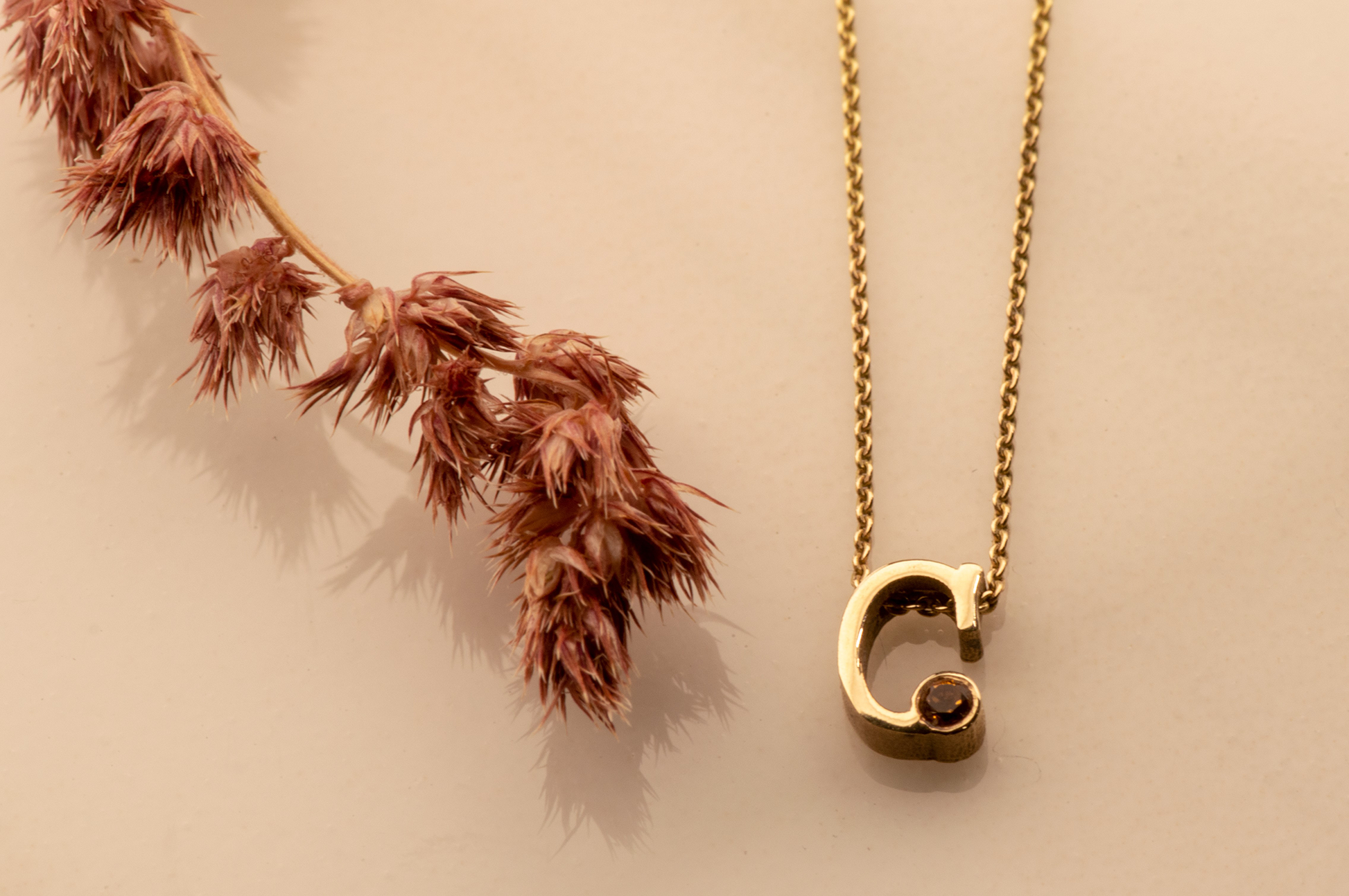 Geelgouden letter gedenkhanger met geboortesteentje inclusief collier