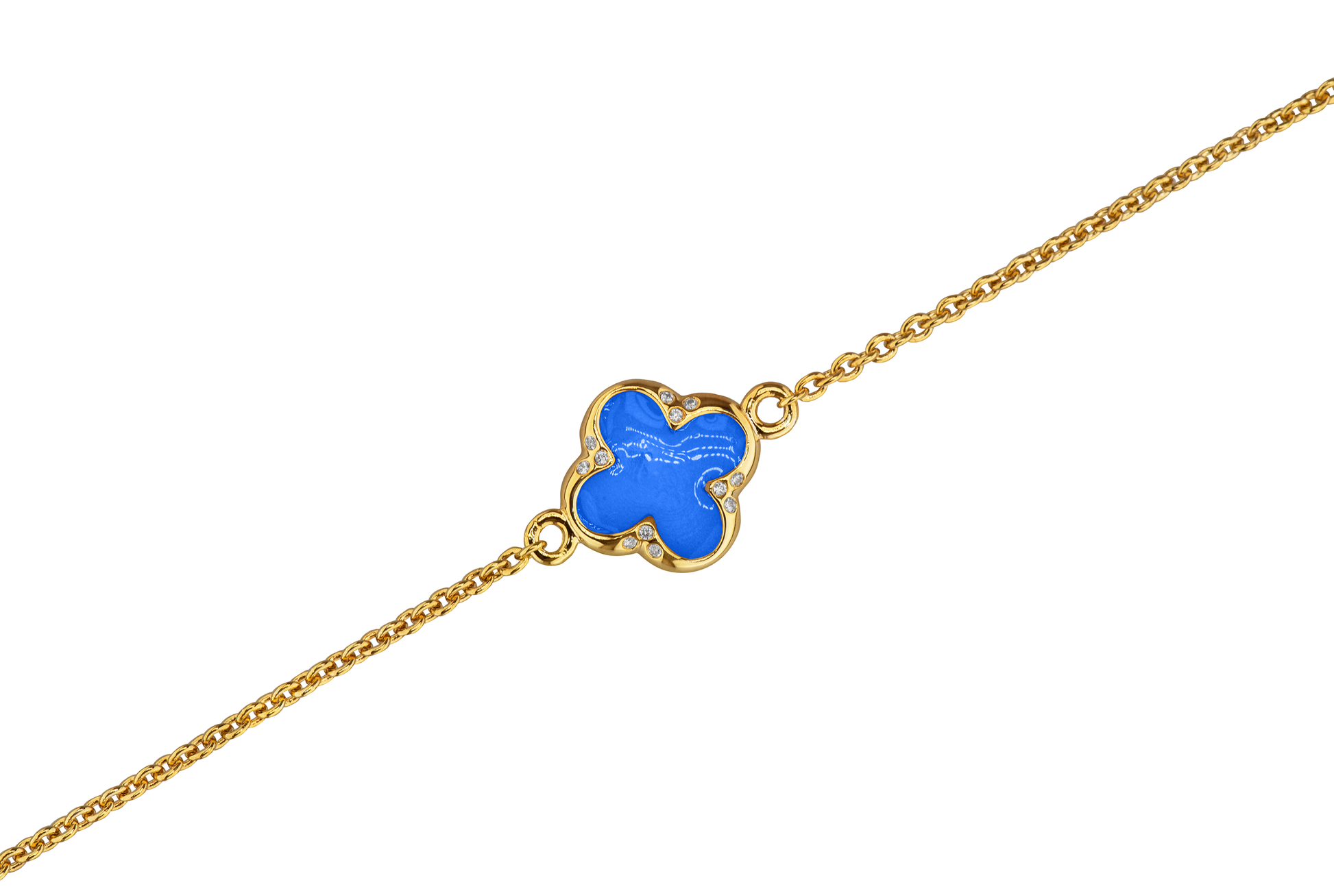 Klavertje vier as armband 11.5 mm, gedenksieraad met zirkonia's afgewerkt.blue