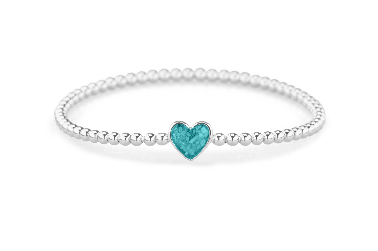 Flexibele as armband met hart als compartiment voor as of haar, gedenksieraden. Aqua