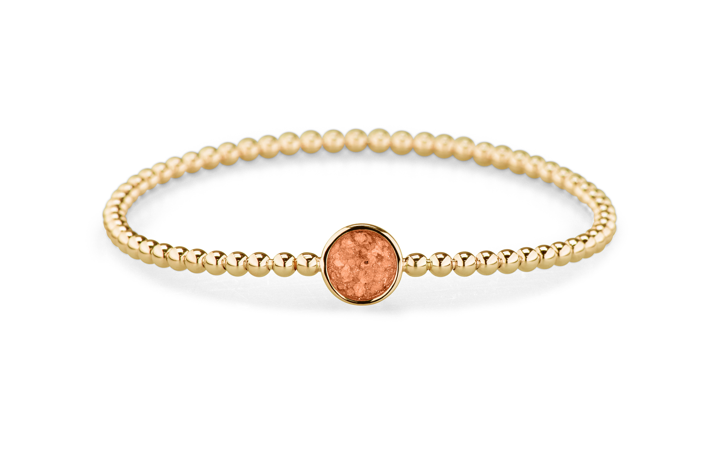 Flexibele as armband met rondje als compartiment voor as of haar, gedenksieraden. Orange