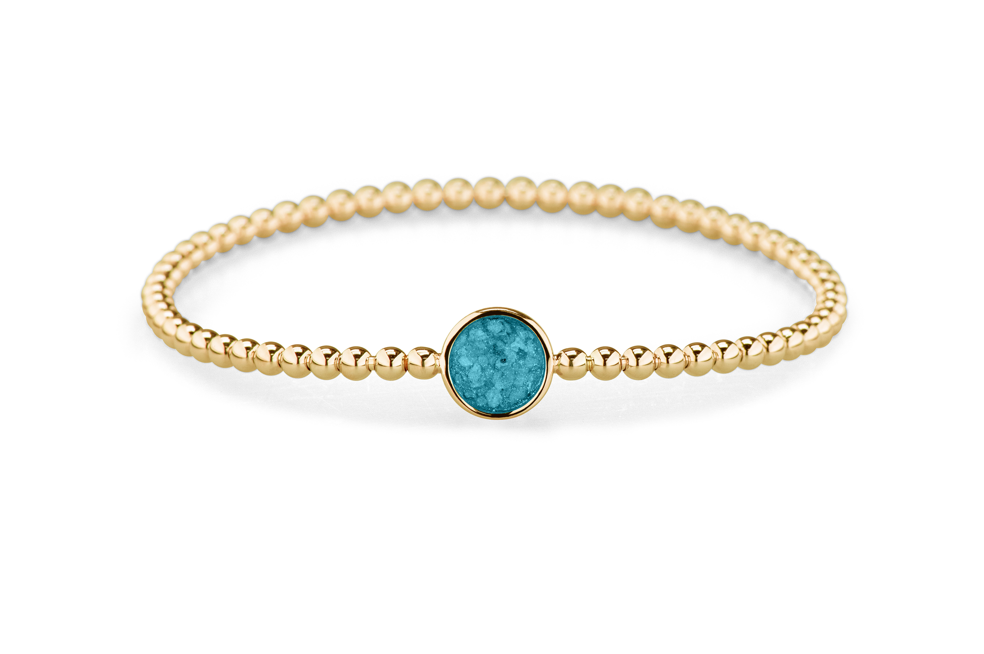 Flexibele as armband met rondje als compartiment voor as of haar, gedenksieraden. Turquoise