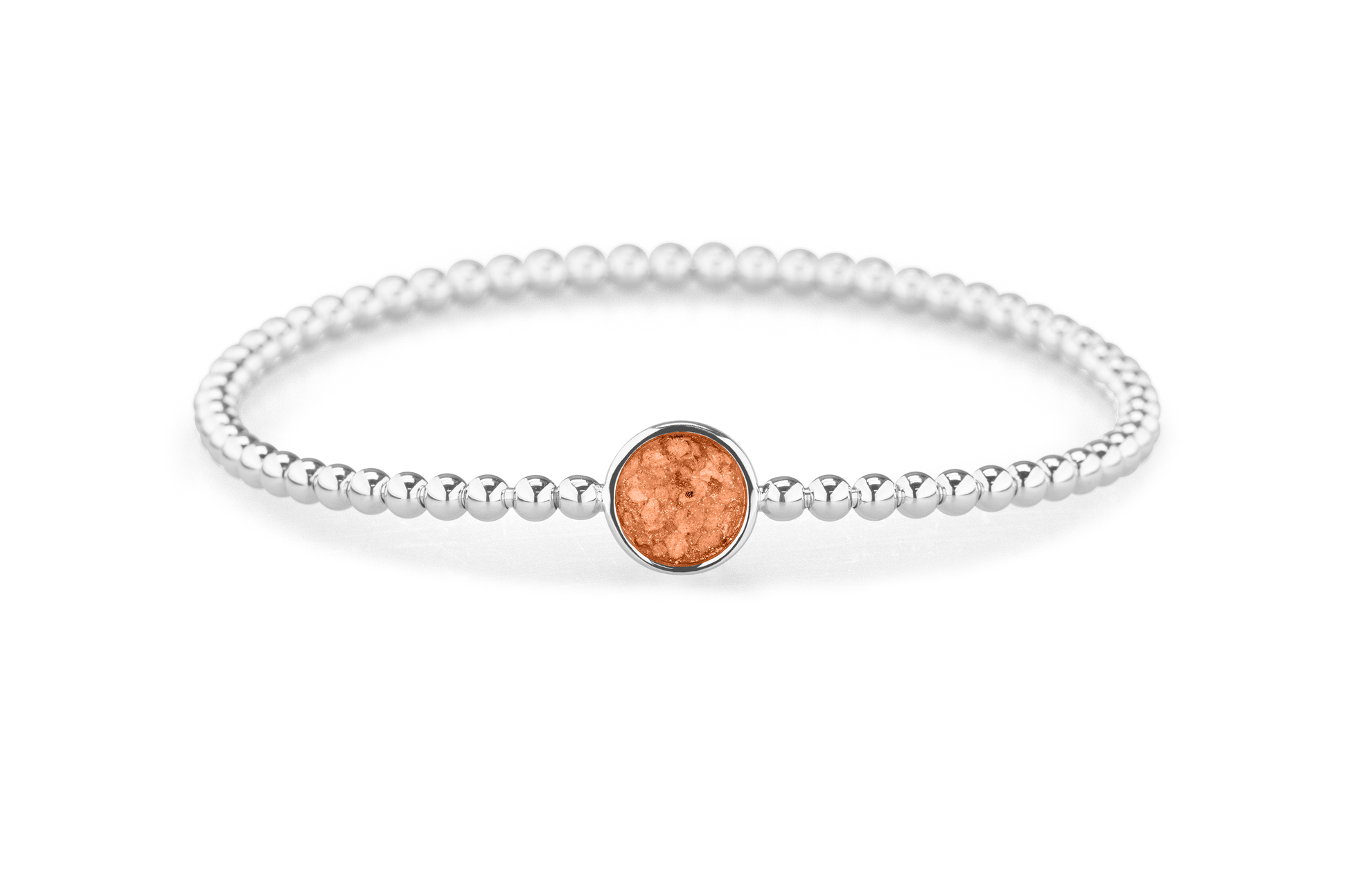 Flexibele as armband met rondje als compartiment voor as of haar, gedenksieraden. Orange