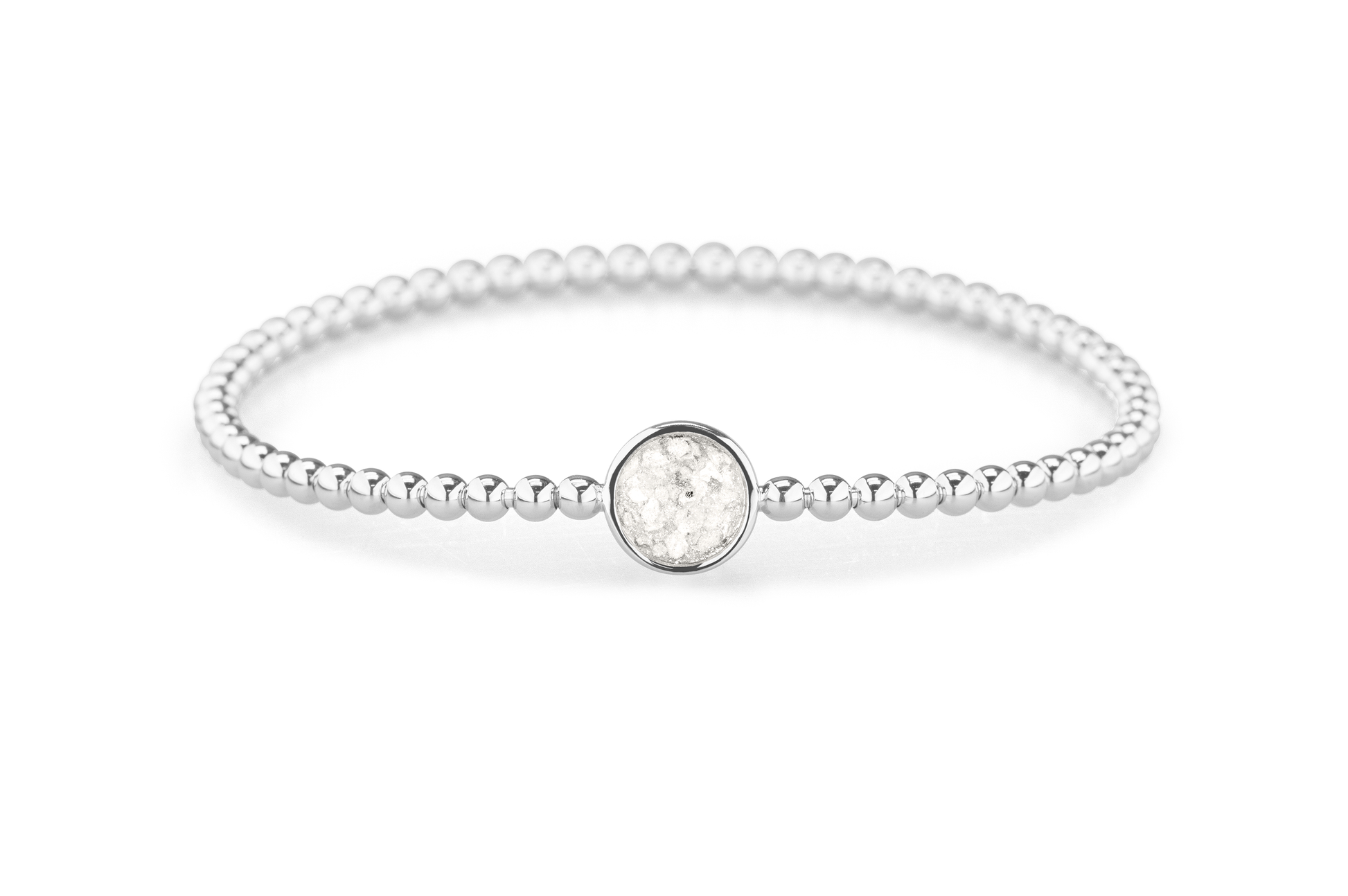 Flexibele as armband met rondje als compartiment voor as of haar, gedenksieraden. White