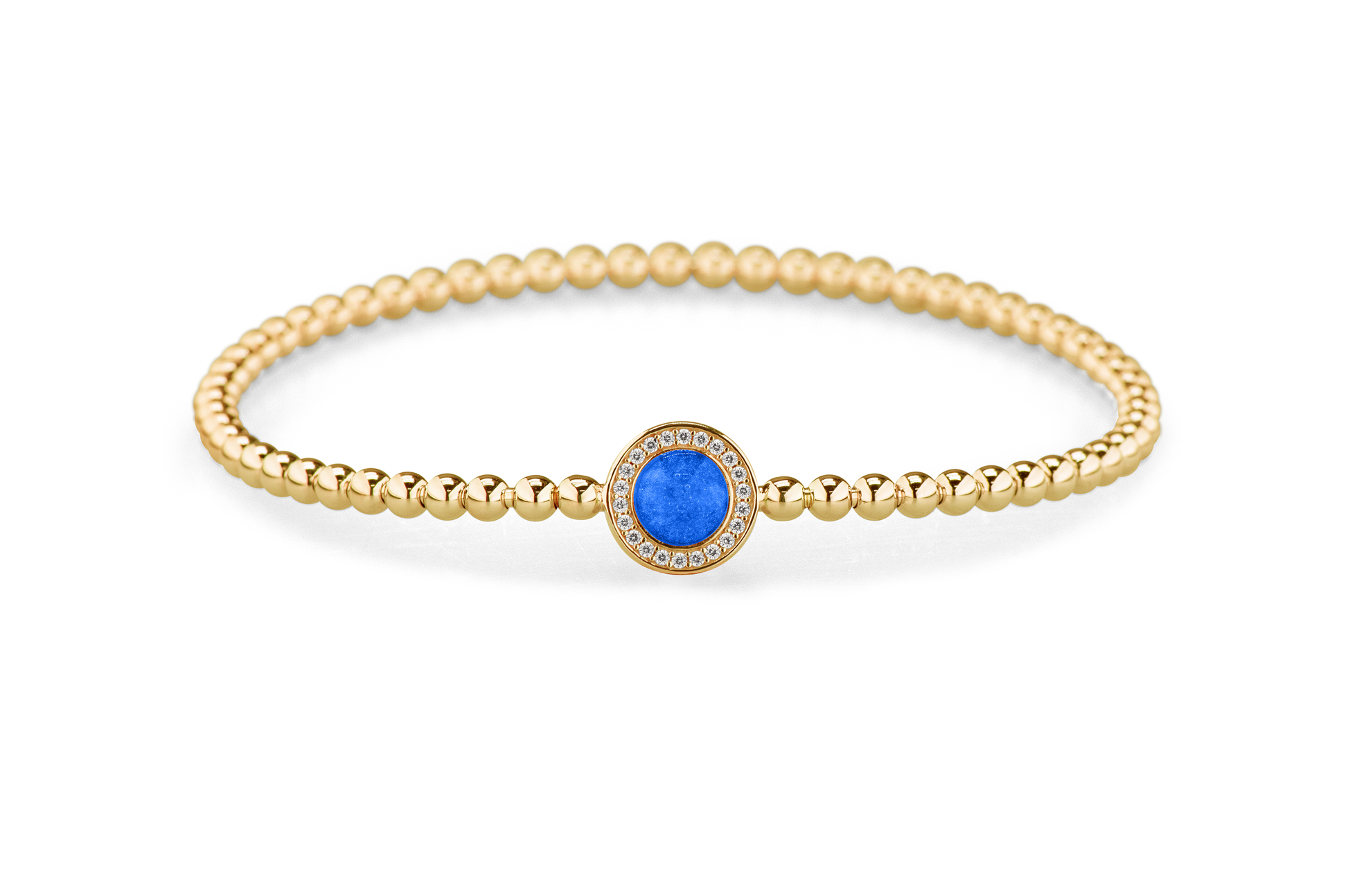 Flexibele as armband met rondje als compartiment gezet rondom met zirconia's voor as of haar. Blue