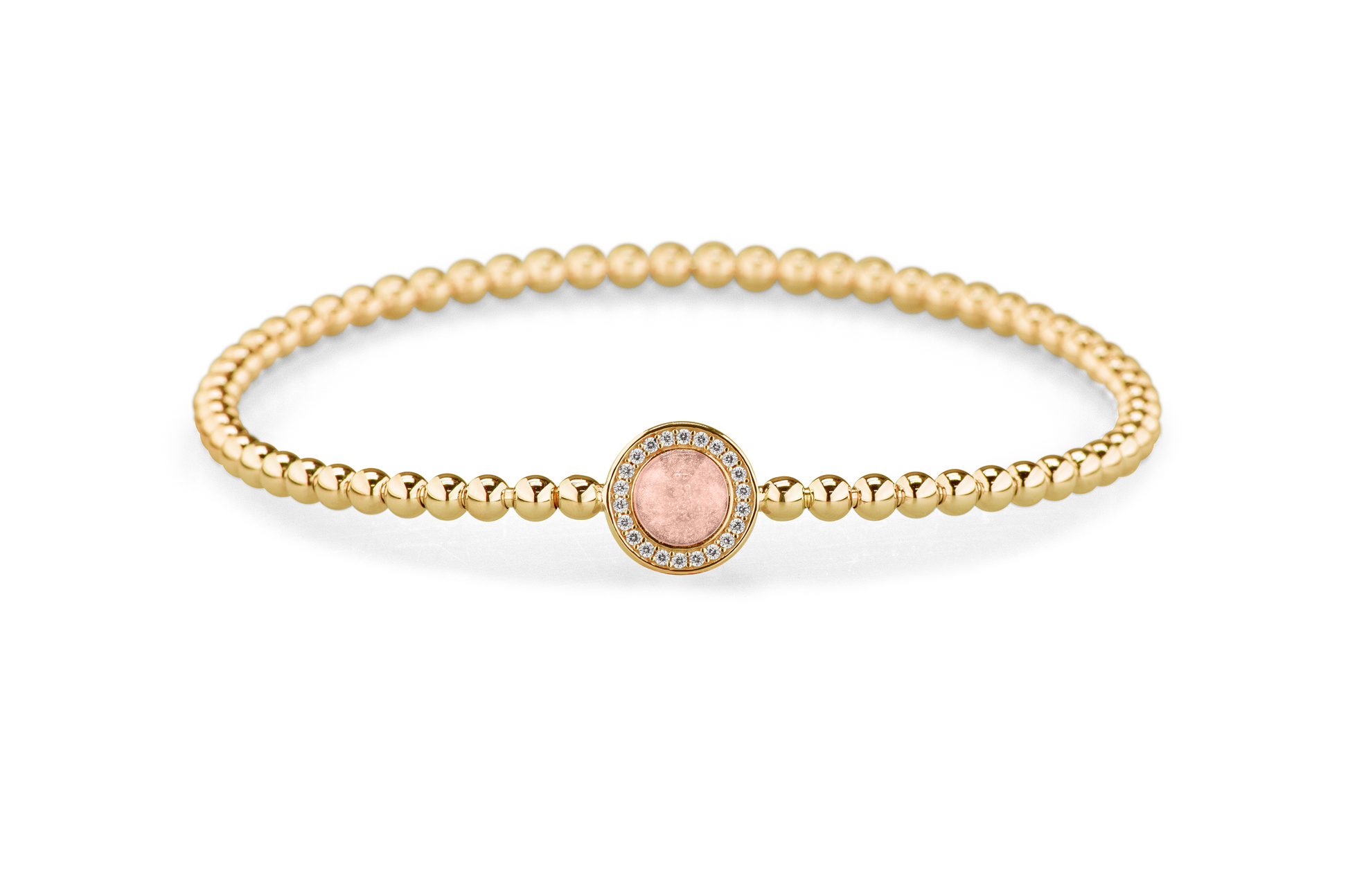 Flexibele as armband met rondje als compartiment gezet rondom met zirconia's voor as of haar. Blush