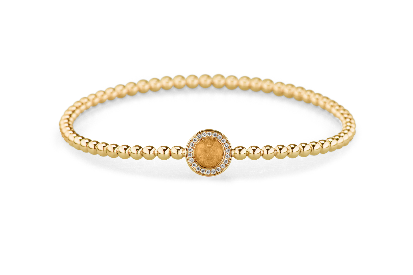Flexibele as armband met rondje als compartiment gezet rondom met zirconia's voor as of haar. Gold