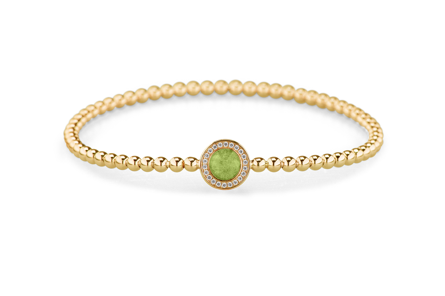 Flexibele as armband met rondje als compartiment gezet rondom met zirconia's voor as of haar. Green