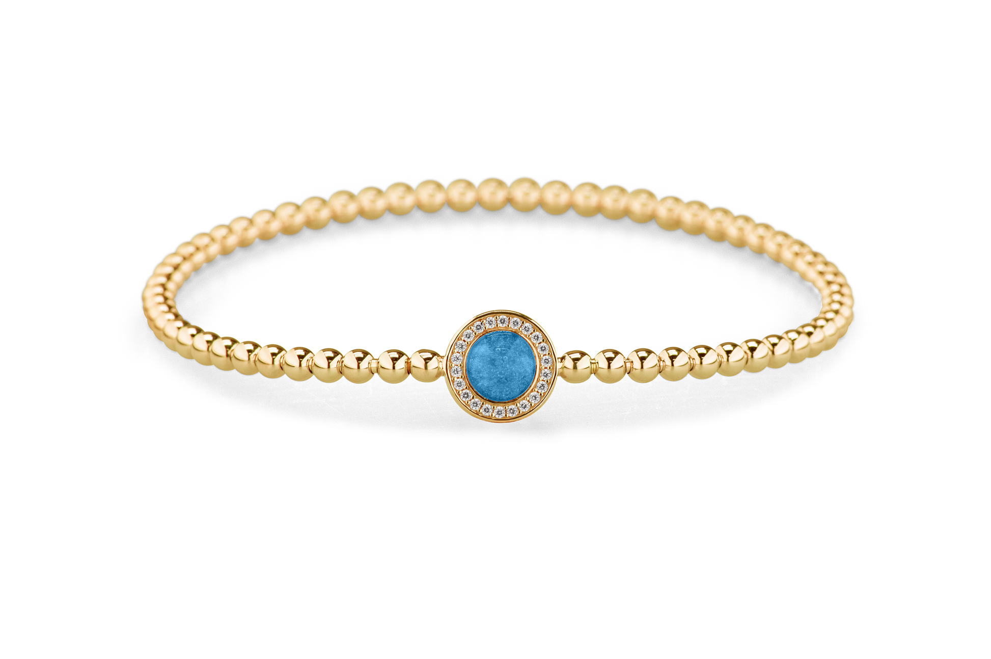 Flexibele as armband met rondje als compartiment gezet rondom met zirconia's voor as of haar. Marine