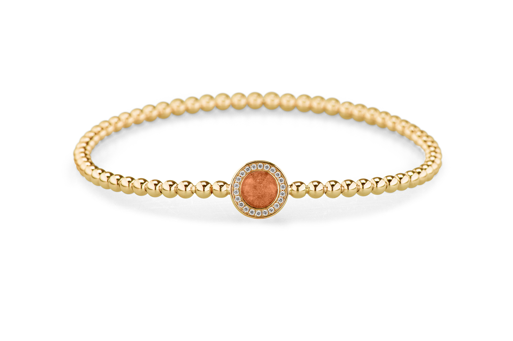 Flexibele as armband met rondje als compartiment gezet rondom met zirconia's voor as of haar. Orange