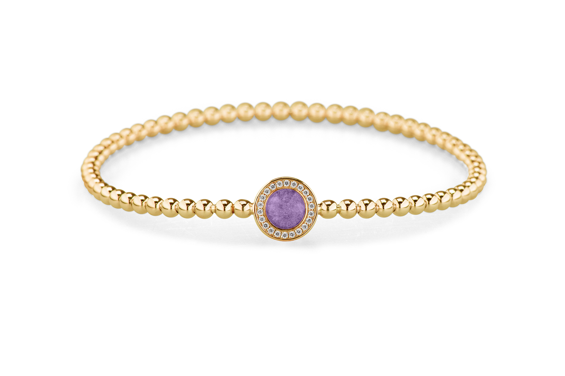 Flexibele as armband met rondje als compartiment gezet rondom met zirconia's voor as of haar. Purple