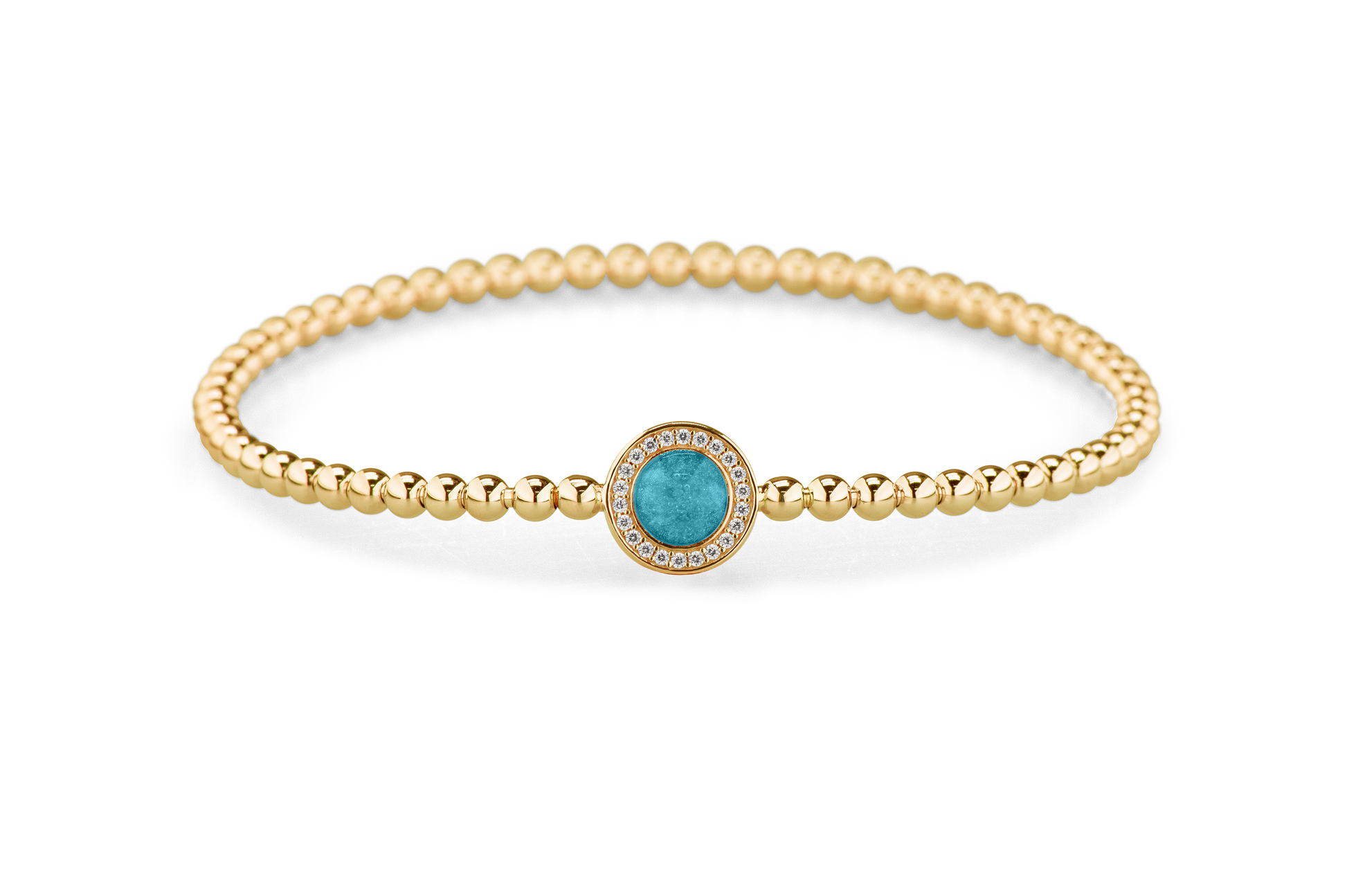 Flexibele as armband met rondje als compartiment gezet rondom met zirconia's voor as of haar. Turquoise